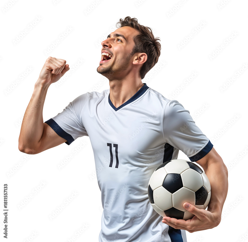 Fototapeta premium Expressive victory pose of a soccer player after scoring a goal on isolated background
