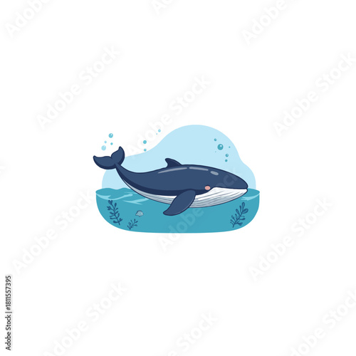 Charming cartoon whale illustration amidst ocean waves, showcasing aquatic marine life in adorable