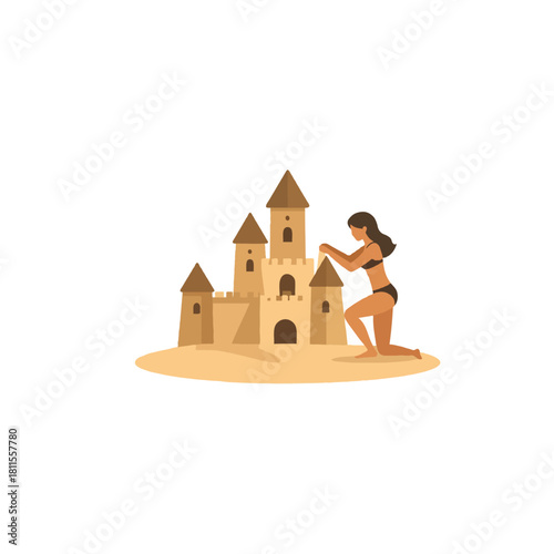 Coastal Dreams: A Woman's Leisurely Day Building Sandcastles by the Beach for Vacation