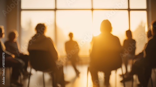 Support group sitting in circle at sunset window light — mental health, recovery and emotional sharing meeting