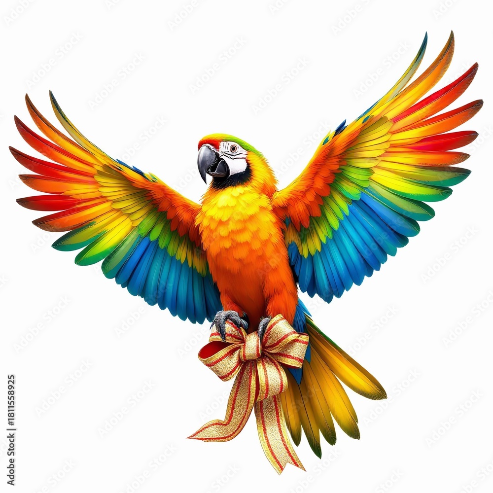 Obraz premium Vibrant macaw parrot with outstretched wings holding a golden ribbon bow against a clean for festive celebrations on white background