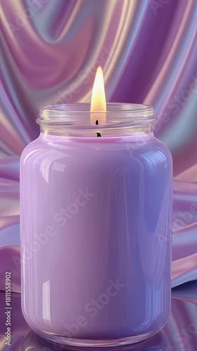 Burning lavender scented candle mockup in glass jar on reflective surface