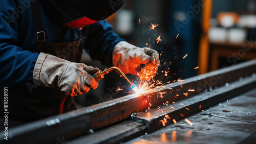 Intense welding sparks illuminate gloved hands and steel beam in workshop