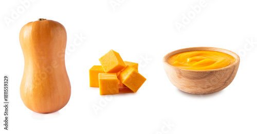 Bottle shaped butternut pumpkin and pieces and soup isolated on a white background. Set of ripe butternut squash.