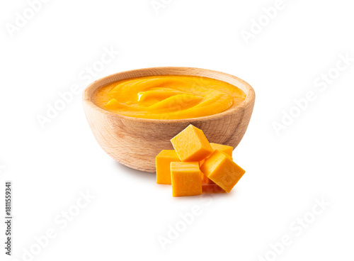Butternut pumpkin soup and cubed pumpkin isolated on a white background. Blended butternut squash.