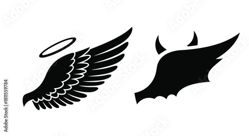 A simple black and white illustration of angel wings and devil horns