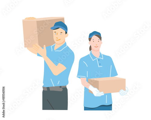 
ドライバートラック配送業の仕事の男女ー物流ー引越し業者ー倉庫ー宅配ビジネスイメージのイラスト素材