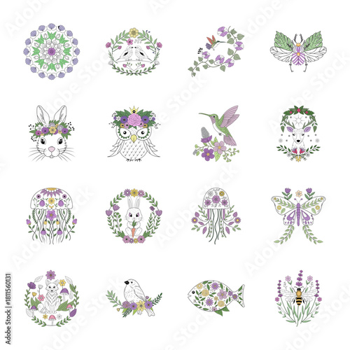 Set of Animal and Nature Vintage Style Illustrations  

