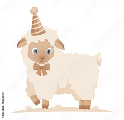  Little lambl is standing , vector illustration in neutral tones. Funny cartoon sheep for childrens design, baby shower decoration, nursery prints, and cards.