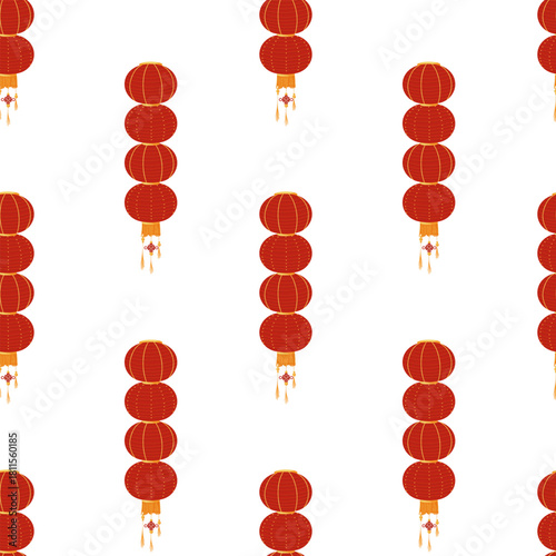 Chinese red lanterns seamless pattern. Vector print with Chinese lamp or asian red lantern decorated golden rings and tassels with lucky knot for wallpaper, wrapping, textile