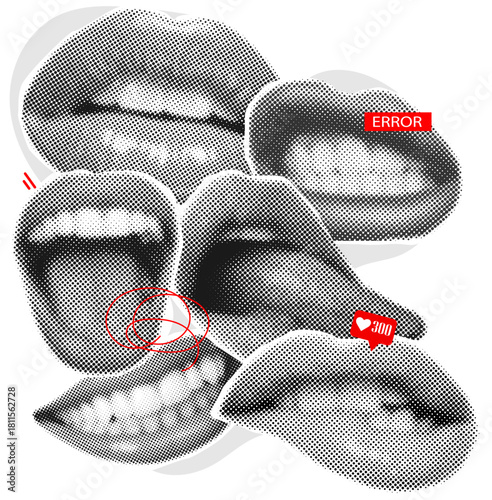 Set of female mouth with different emotion in halftone style,trendy collage elements cut out from paper