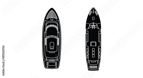 A detailed top down blueprint illustration of a modern yacht s deck layout