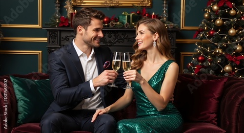 Elegant couple toasting with champagne during a Christmas celebration. Happy man and woman celebrating the holiday season at home. Romantic New Year's Eve party