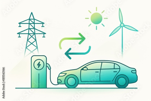 Innovative electric vehicle charging illustration showcasing renewable energy sources with solar and wind power, emphasizing sustainability and technological advancement in green mobility