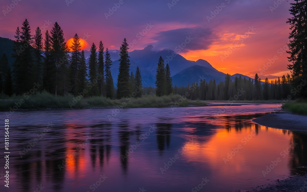 Fototapeta premium Scenic sunset over the river with mountains in the background