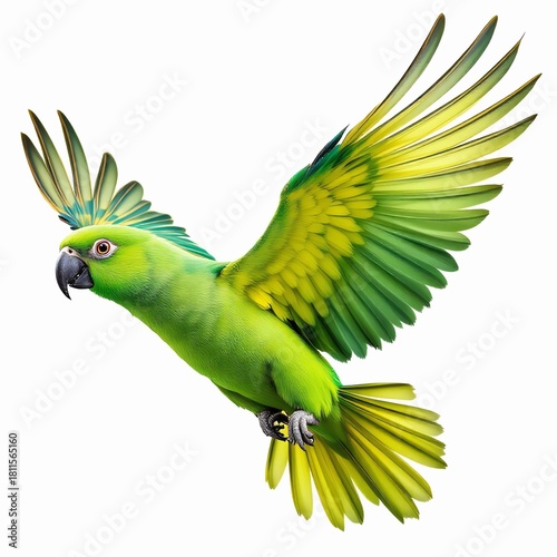 Vibrant green parrot in midflight against a clean showcasing its colorful plumage and dynamic pose in natural light on white background