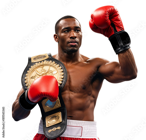 Pro heavyweight boxer holding a championship belt in celebration