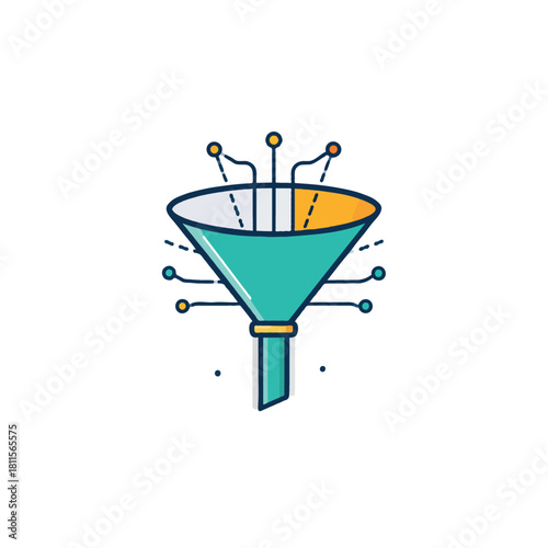 Data filtration visualized through funnel concept with digital integration and streamlined