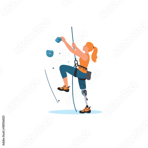 Determined adaptive climber ascends indoor wall demonstrating strength and perseverance conquering