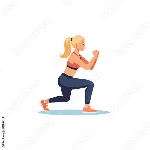 Determined woman in athletic attire executing a dynamic lunge exercise for fitness and wellness