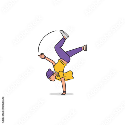 Dynamic illustration of a person in a handstand featuring expressive clothing and energetic