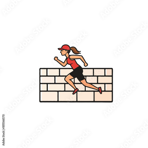 Dynamic runner gracefully jumping over a brick wall in a challenging race course adventure