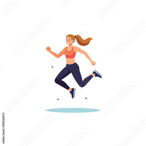 Dynamic fitness routine depicts a vibrant woman engaged in a running exercise with enthusiasm and