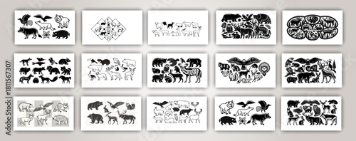 A collection of various North American animals, illustrated in a detailed, black and white engraved style. The composition is arranged in a grid-like fashion, showcasing twenty distinct animal species
