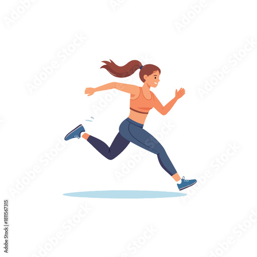 Energetic brunette sprints forward confidently displaying athleticism and fitness in dynamic