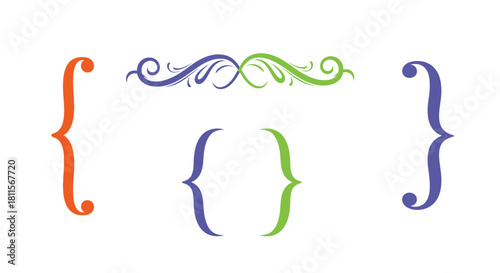 Colorful curly brackets and swirls design a decorative graphical element
