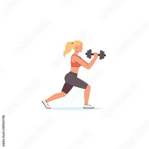 Fitness focused female figure lifting dumbbell for exercise wellness program on white background