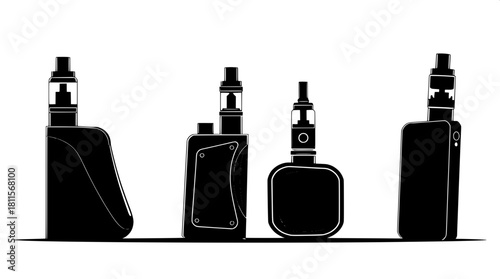Monochrome silhouette illustration of four electronic vaping devices with distinct shapes and sizes, rendered flat with subtle white detail highlights to accentuate their unique features, arranged sid