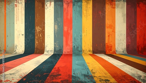 A vibrant, retro-styled backdrop featuring colorful, vertical stripes that curve and recede into the distance