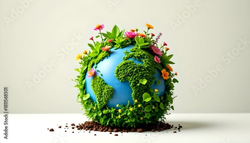 Fototapeta Naklejka Na Ścianę i Meble -  A vibrant earth globe covered in lush greenery and colorful flowers, symbolizing environmental harmony and ecological awareness.