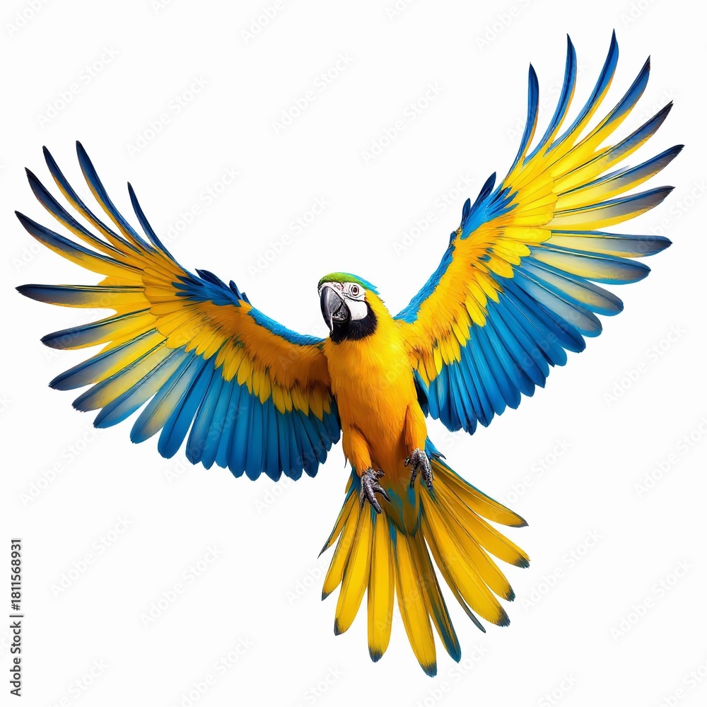 Fototapeta premium Vibrant macaw parrot in flight with outstretched wings showcasing brilliant yellow and blue plumage against a clean on white background