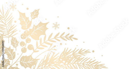 Winter golden floral background. Corner. Luxury Christmas pattern with fir branches and holly leaves. Vector illustration with elegant hand drawn winter botanical decorative elements