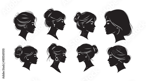 Group of silhouettes showcasing women's portraits. Elegant black and white images of gorgeous girls. Beauty salon branding. Female face graphic. Vector illustration.