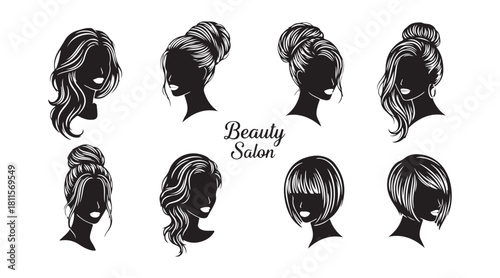 A set of silhouettes featuring women's portraits. Stunning black and white illustrations of beautiful ladies. Logo for a beauty salon. Female face design. Vector illustration.