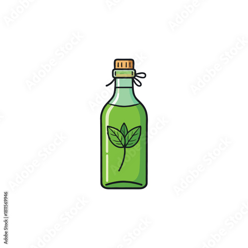 Green elixir in clear glass bottle with herbal infusion for wellness and holistic practices