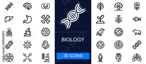 Biology icon set. Cells, organs, plants, animals, microorganisms, anatomy, research, science equipment and more. Thin line vector icons collection for biological, medical and educational use.