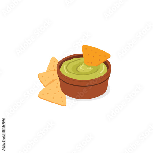 Guacamole Delight: A tasty appetizer with triangular tortilla chips in a brown earthenware bowl