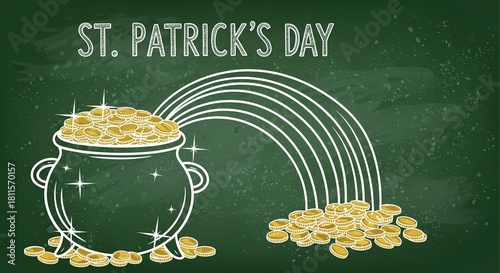Pot with gold coins flowing out on green chalkboard background. Pot is in chalk drawing style. Celebrating St. Patrick's Day in school, college, university. Text ST.PATRICK'S DAY