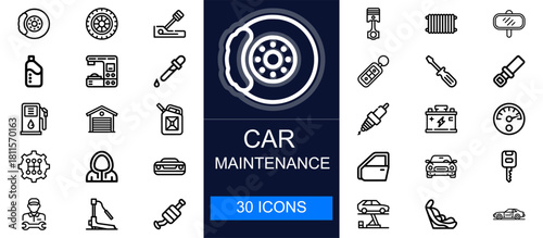 Car maintenance icon set. Auto repair, tools, parts, fueling, diagnostics, service, safety, mechanic work and more. Thin line vector icons collection for automotive, garage and mechanical industries.