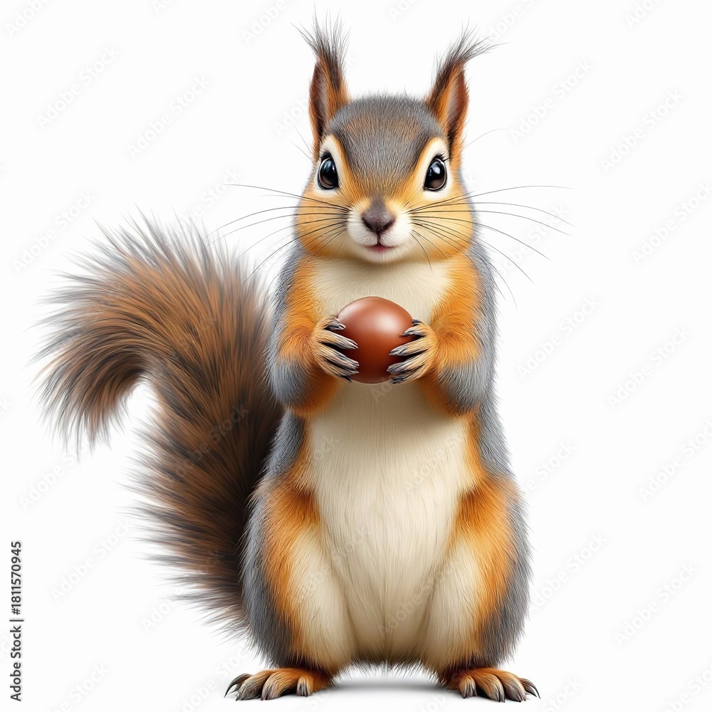 Obraz premium Adorable squirrel holding a nut standing upright looking directly at the viewer with a fluffy tail and whiskers on white background