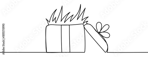 Continuous line drawing of an open gift box with grass sprouting from inside. Minimal eco outline style, smooth linear form, clean contour, isolated on transparent background, vector illustration