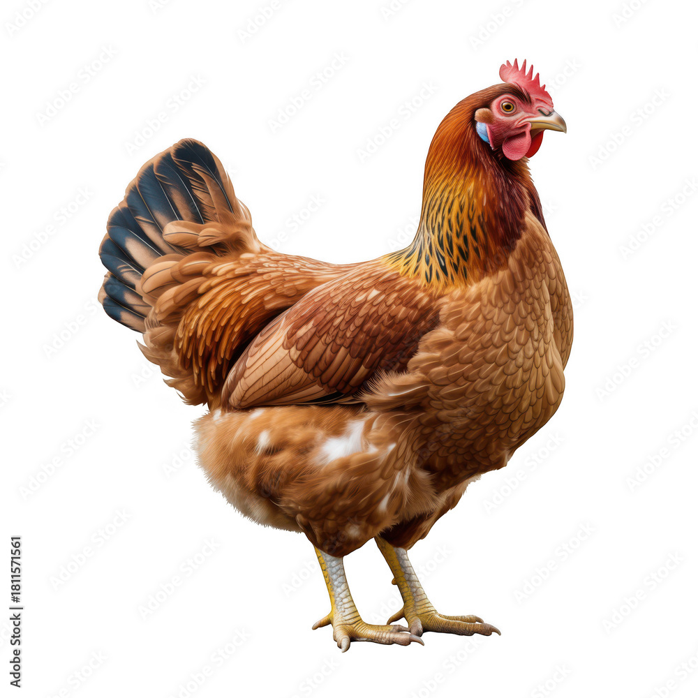 Fototapeta premium Realistic brown farm chicken standing on transparent background black background detailed feathers