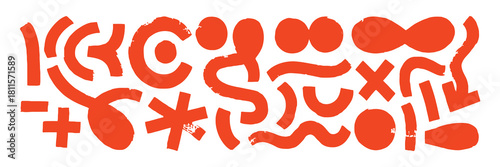 Whimsical orange symbols and characters on white background vector icon set