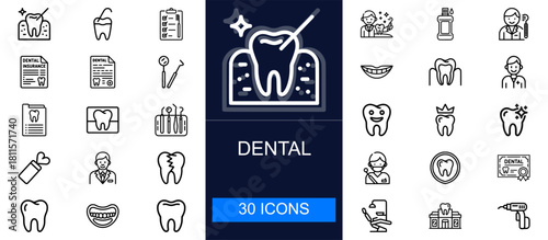 Dental icon set. Teeth, oral care, hygiene, dentistry tools, treatment, checkups, x-rays, insurance and more. Thin line vector icons collection for dental clinics, healthcare and oral health education