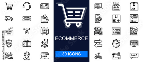 E-commerce icon set. Online shopping, payments, delivery, offers, digital stores, orders, discounts and more. Thin line vector icons collection for retail, marketing and online business platforms.