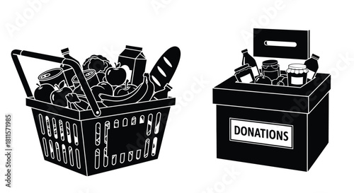 A shopping basket and donation box filled with various food items